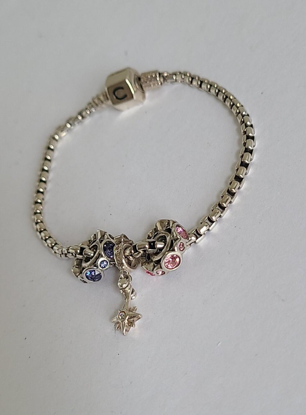 Chamilia Sterling Silver Box Chain Swarovski Crystal Pink Blue Charm Bracelet